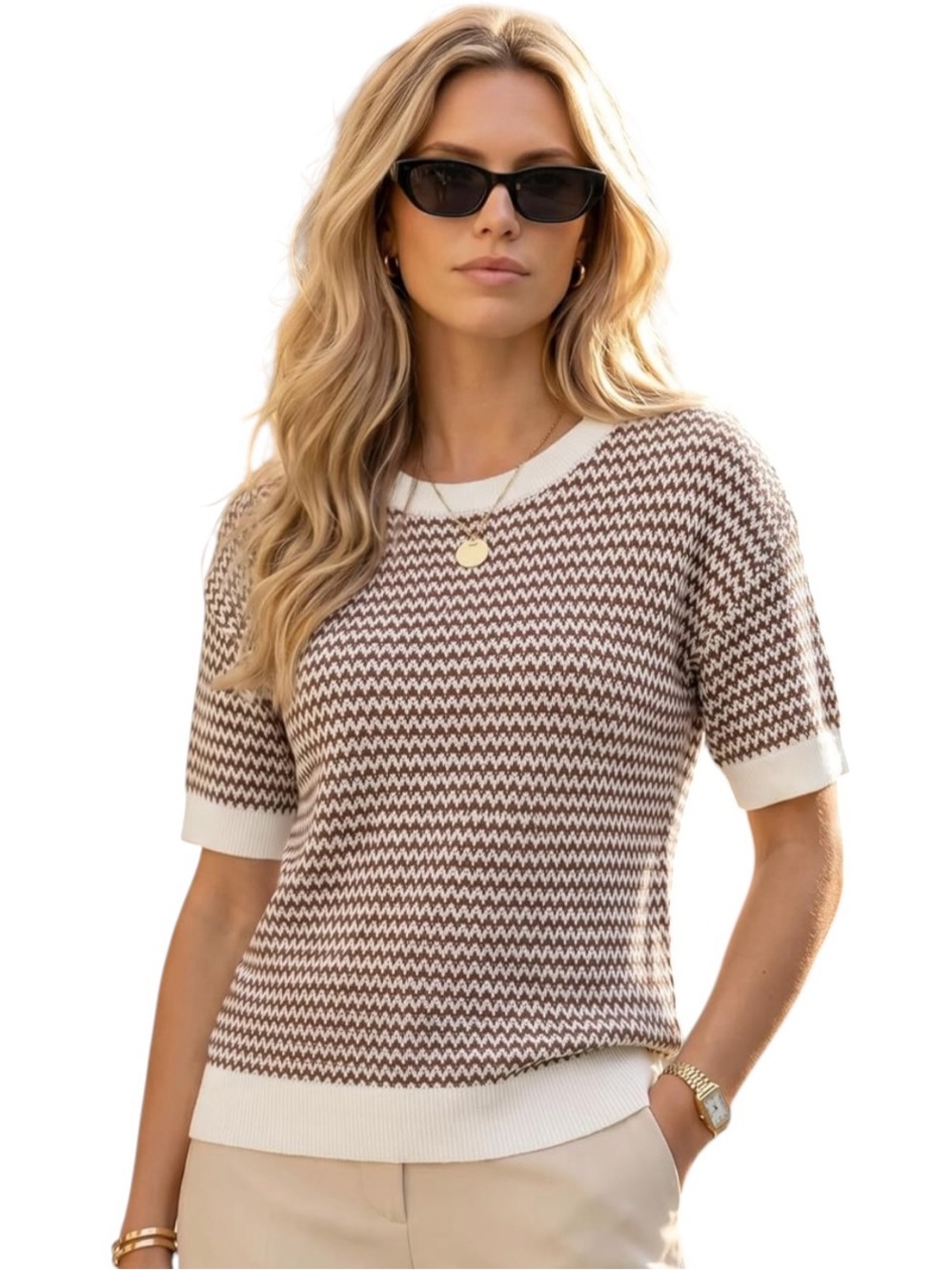 Arach&Cloz Brown Houndstooth Classic Striped Summer Crewneck Sweater XL